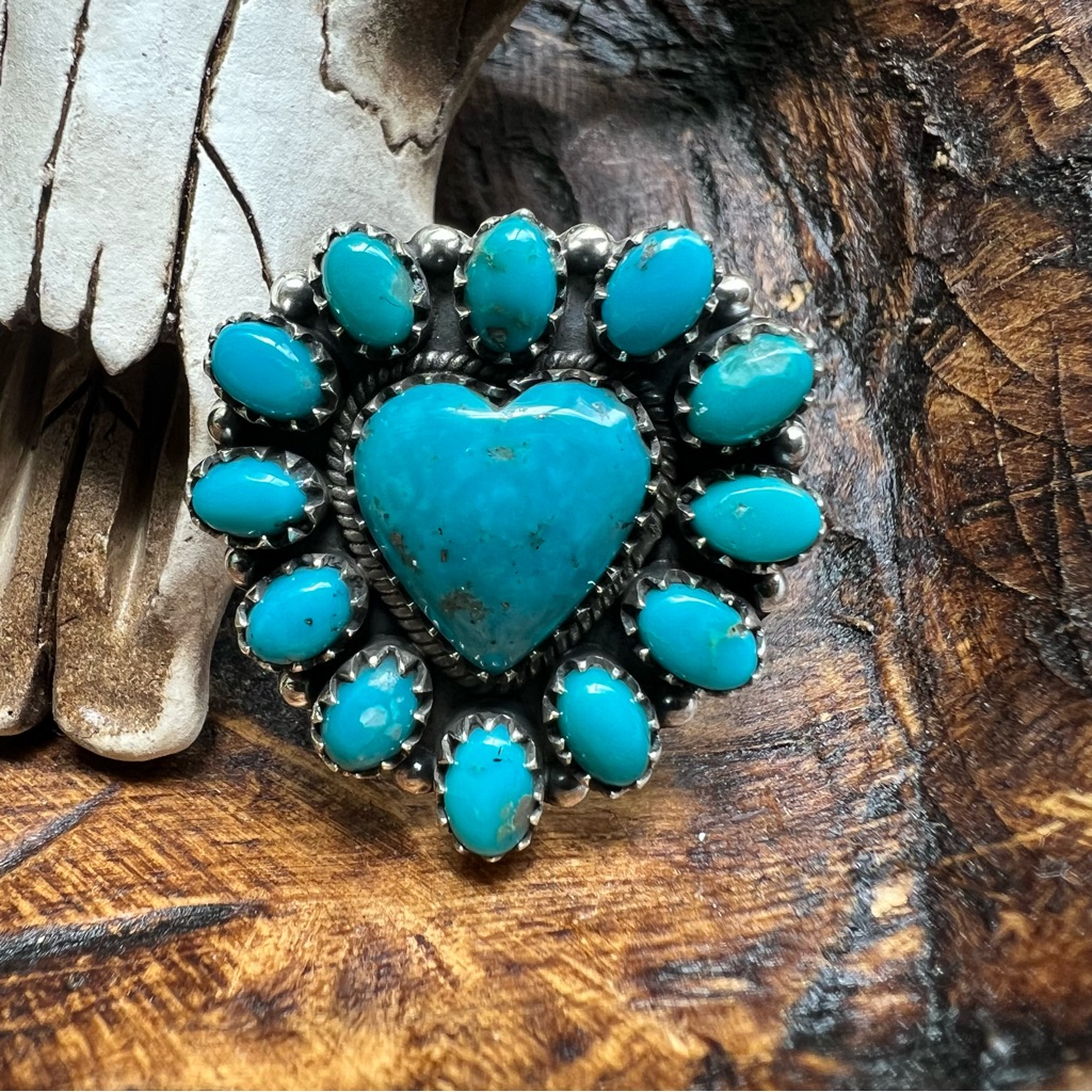 Kingman Turquoise Heart Cluster Ring Sterling Silver Southwestern Size 9